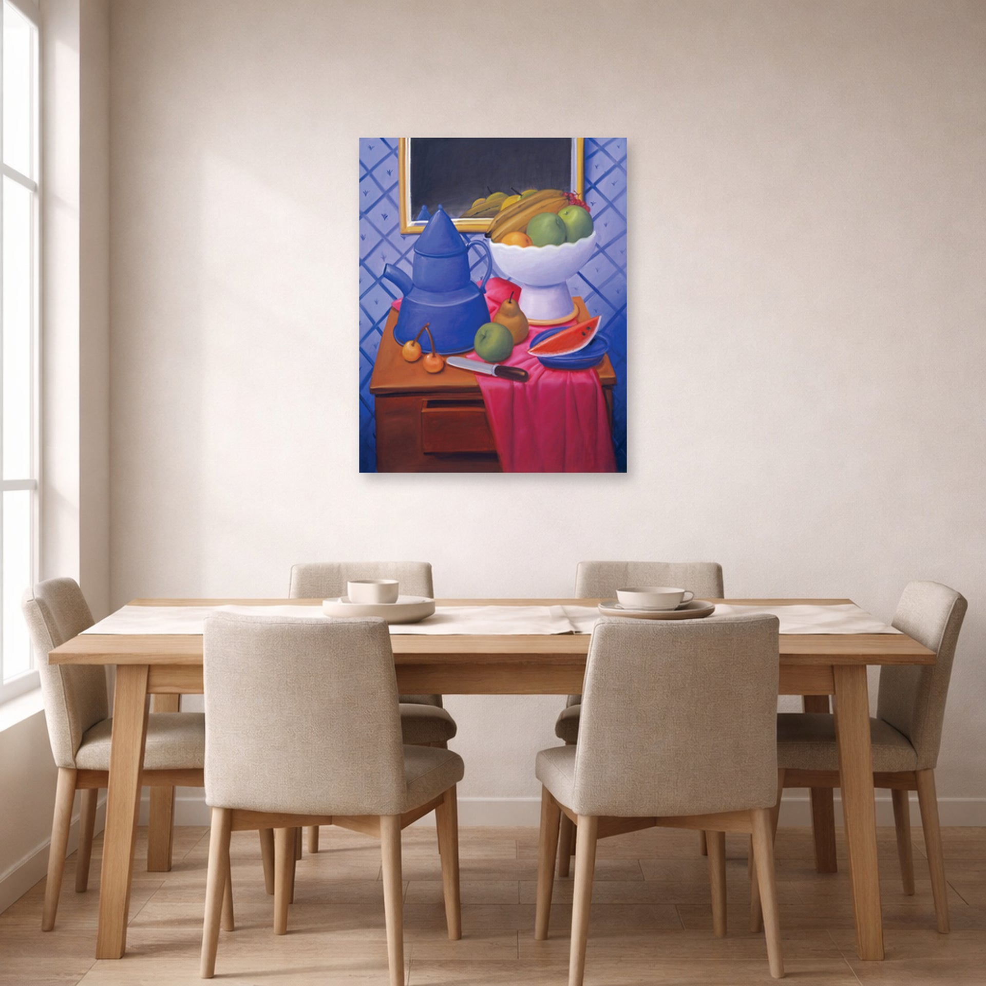 Unframed poster print of Fernando Botero's Still Life with Blue Coffee Pot displayed on a wall in a dining room