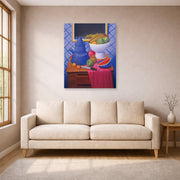 Unframed poster print of Fernando Botero's Still Life with Blue Coffee Pot displayed on a wall in a living room