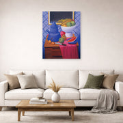 Unframed poster print of Fernando Botero's Still Life with Blue Coffee Pot displayed on a wall in a living room