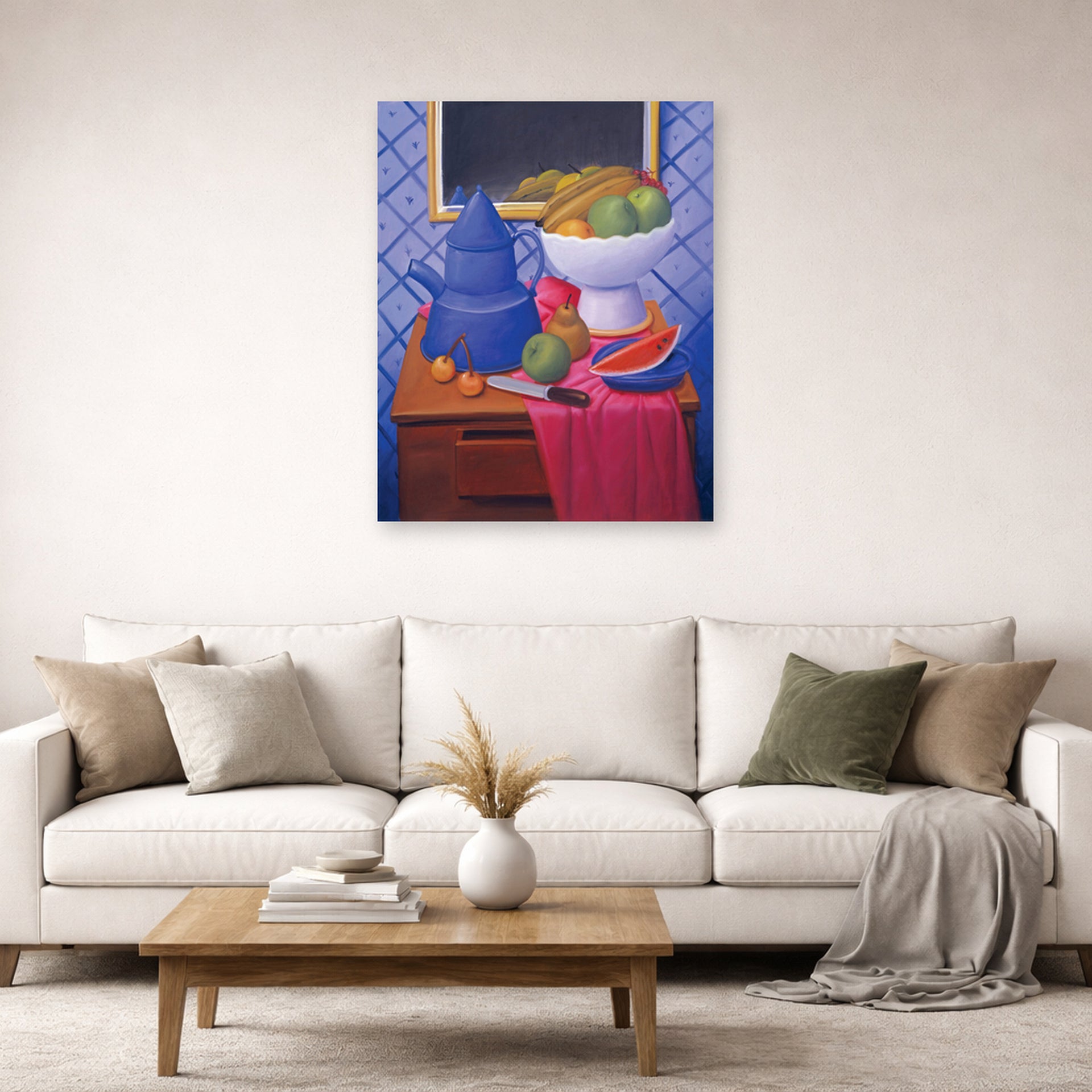 Unframed poster print of Fernando Botero's Still Life with Blue Coffee Pot displayed on a wall in a living room
