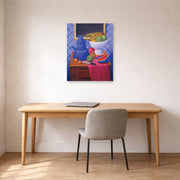 Unframed poster print of Fernando Botero's Still Life with Blue Coffee Pot displayed on a wall in a home office