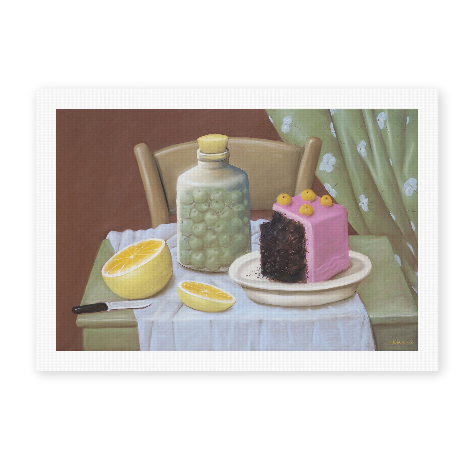 Fernando Botero's 'Still Life with Cake' painting reproduced as a rolled canvas print