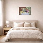Gallery-wrapped canvas print of Fernando Botero's Still Life with Cake displayed on a wall in a bedroom