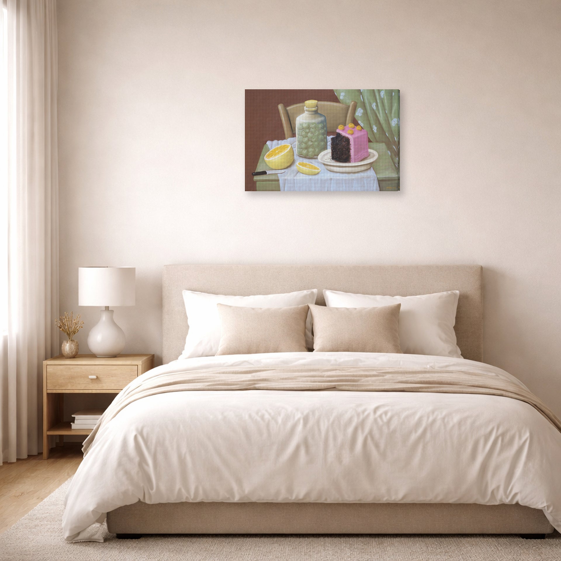 Gallery-wrapped canvas print of Fernando Botero's Still Life with Cake displayed on a wall in a bedroom