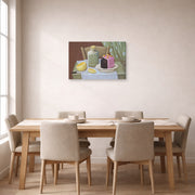 Gallery-wrapped canvas print of Fernando Botero's Still Life with Cake displayed on a wall in a dining room
