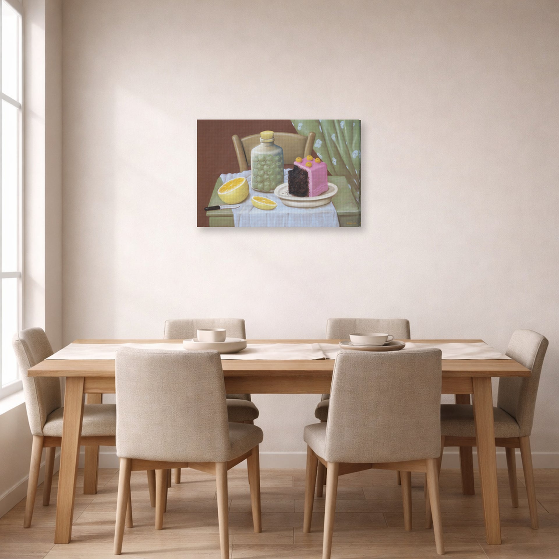 Gallery-wrapped canvas print of Fernando Botero's Still Life with Cake displayed on a wall in a dining room