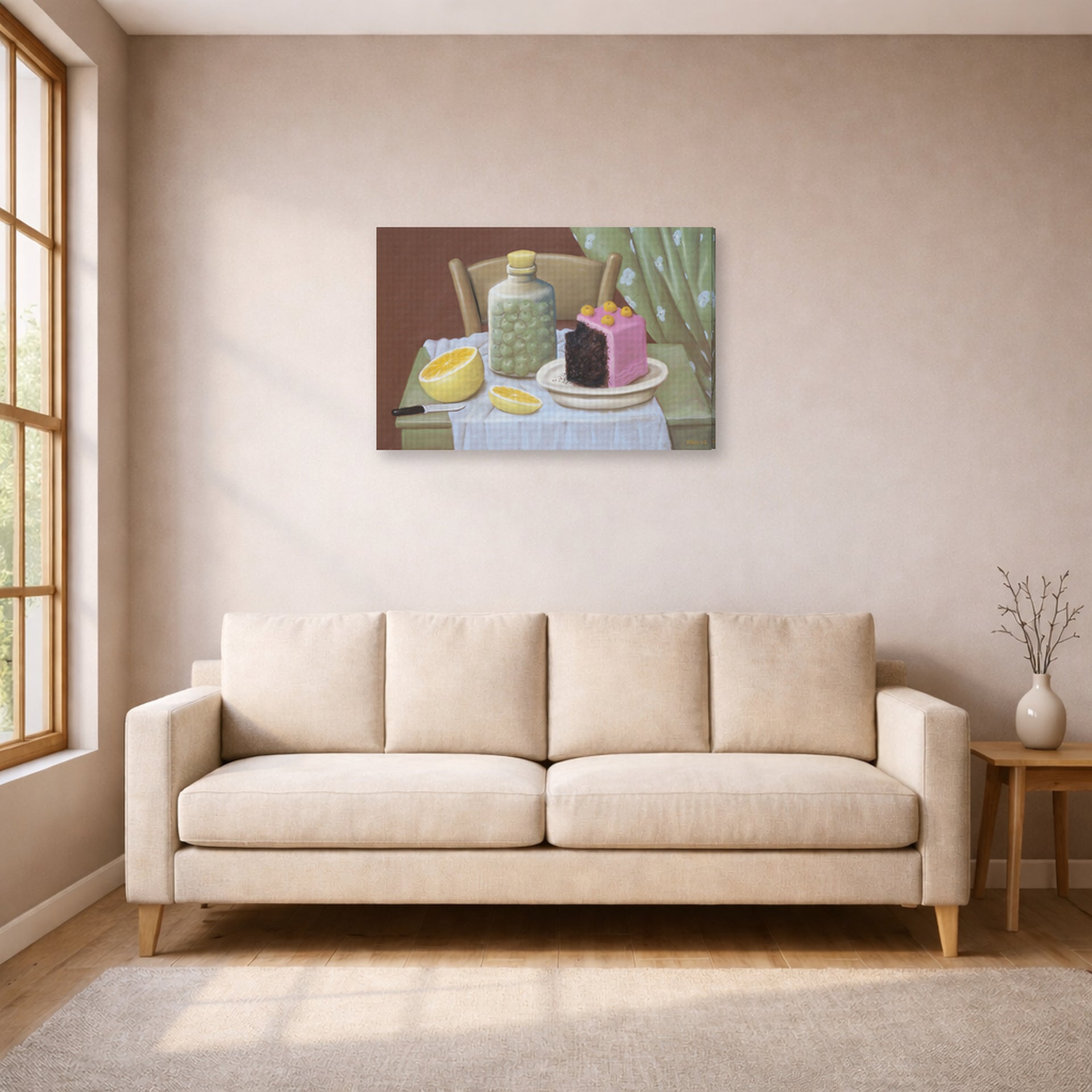 Gallery-wrapped canvas print of Fernando Botero's Still Life with Cake displayed on a wall in a living room