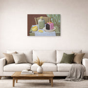 Gallery-wrapped canvas print of Fernando Botero's Still Life with Cake displayed on a wall in a living room