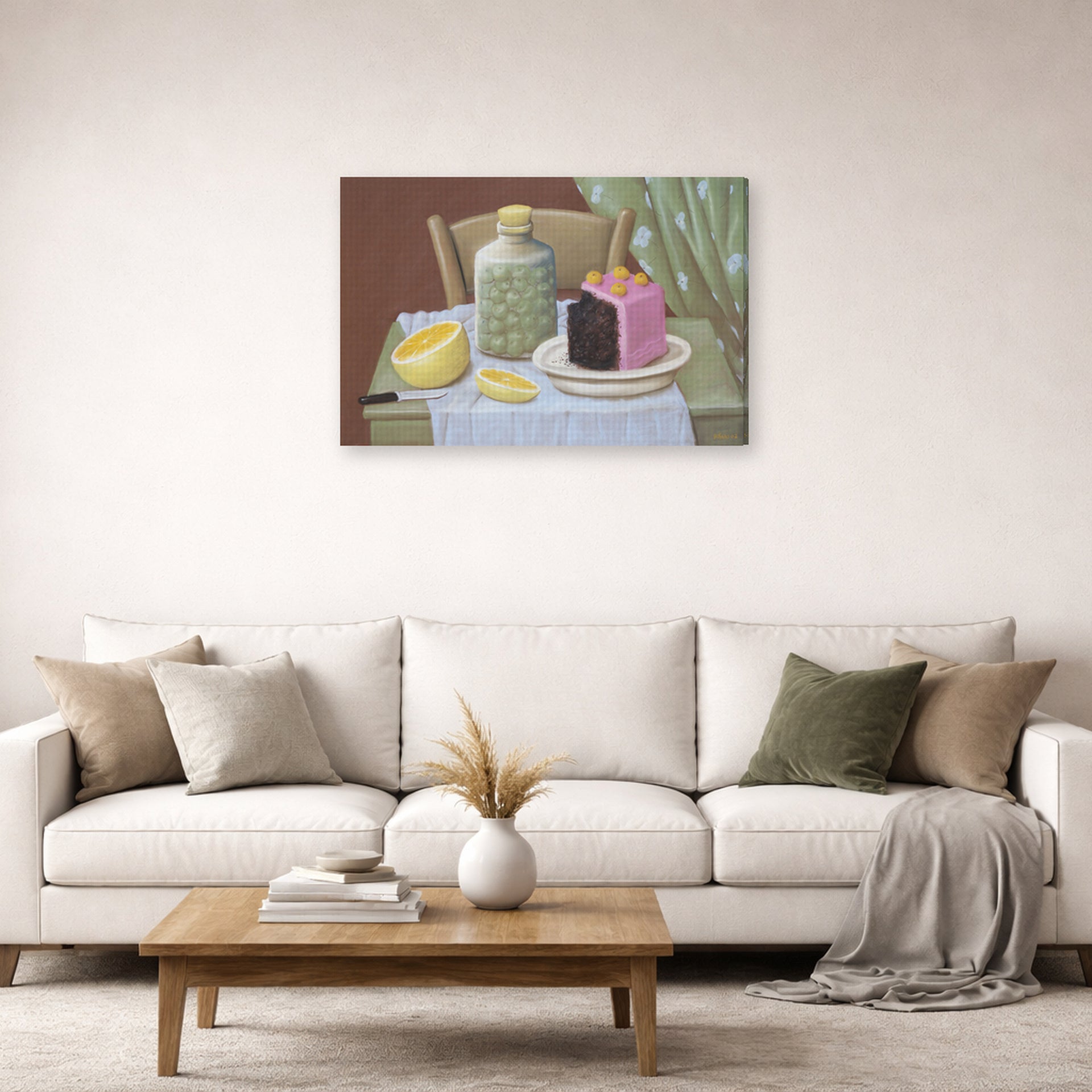 Gallery-wrapped canvas print of Fernando Botero's Still Life with Cake displayed on a wall in a living room