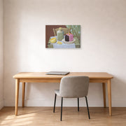 Gallery-wrapped canvas print of Fernando Botero's Still Life with Cake displayed on a wall in a home office