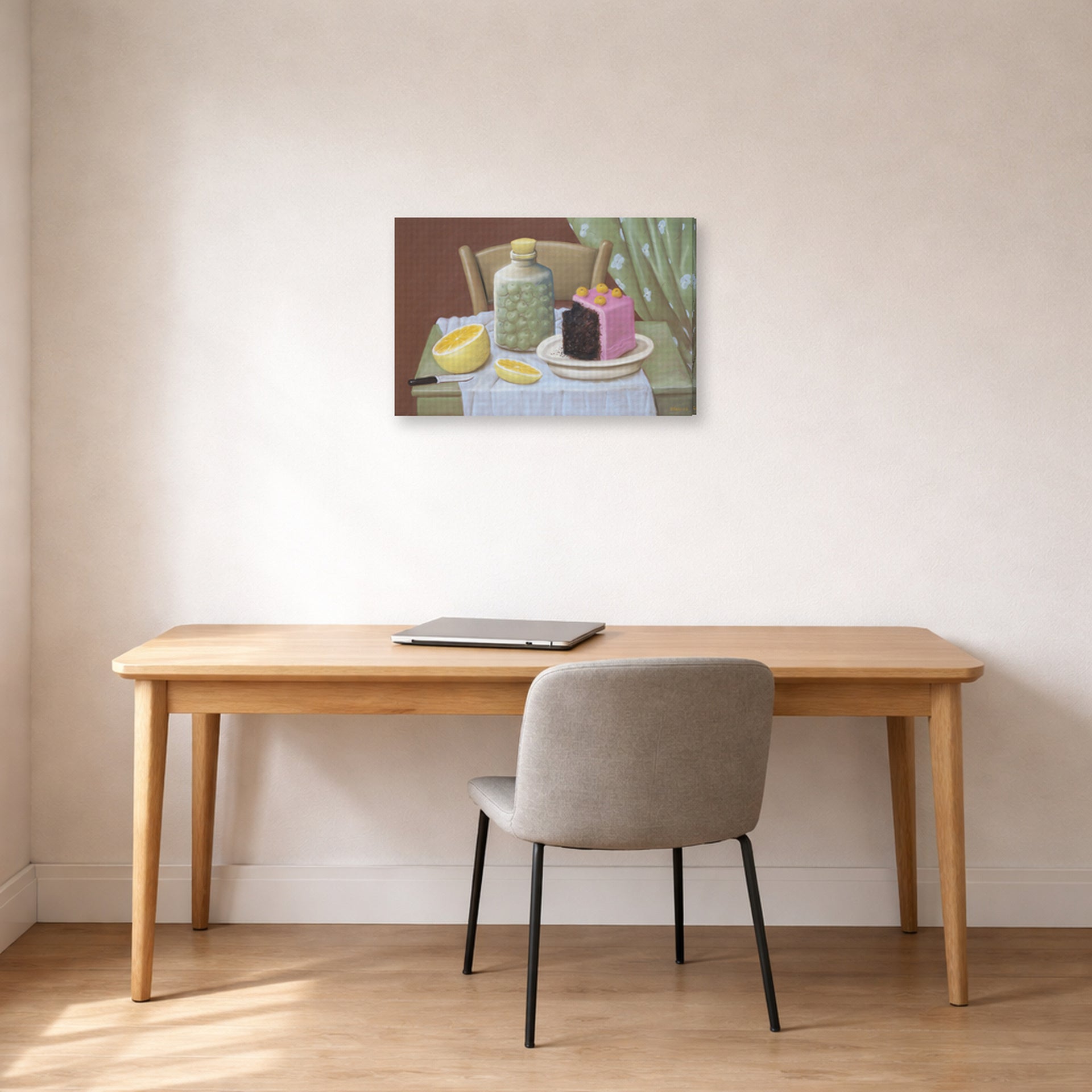 Gallery-wrapped canvas print of Fernando Botero's Still Life with Cake displayed on a wall in a home office