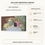 Fernando Botero - Still Life with Cake gallery wrap canvas construction and hanging details infographic