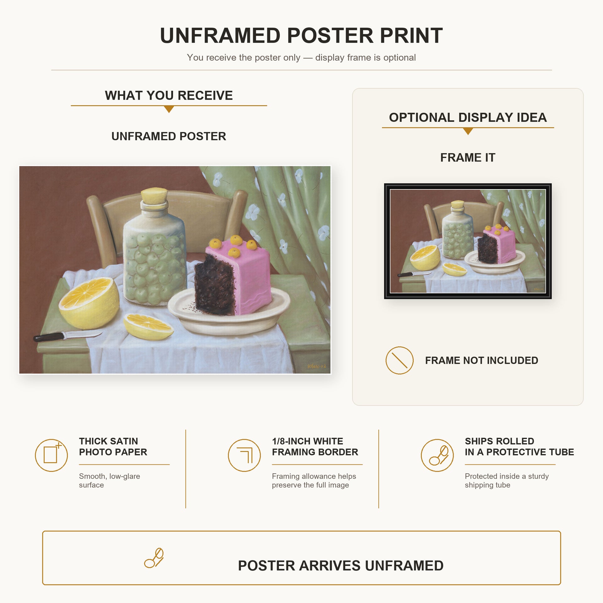 Fernando Botero - Still Life with Cake poster print size comparison and framing display infographic