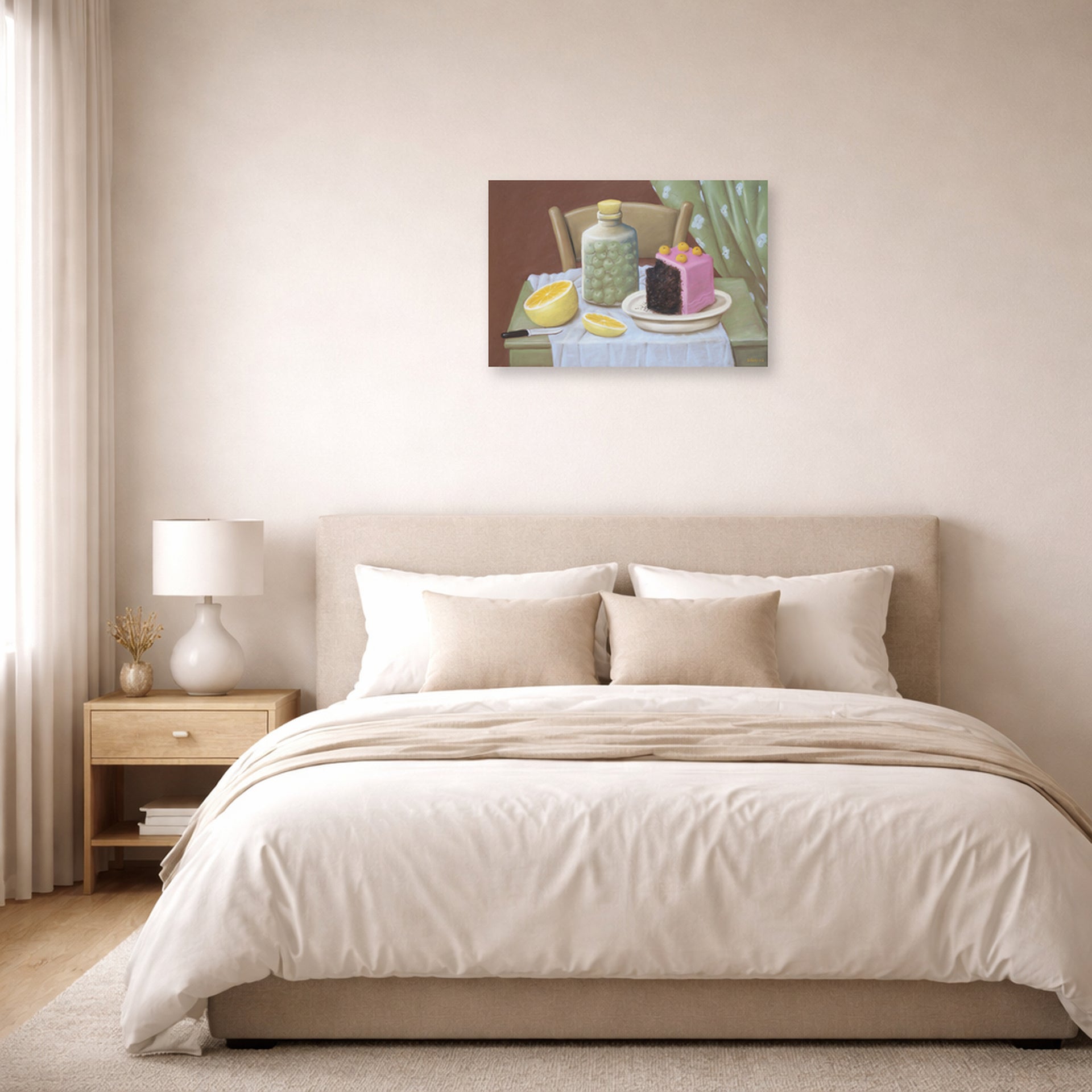 Unframed poster print of Fernando Botero's Still Life with Cake displayed on a wall in a bedroom