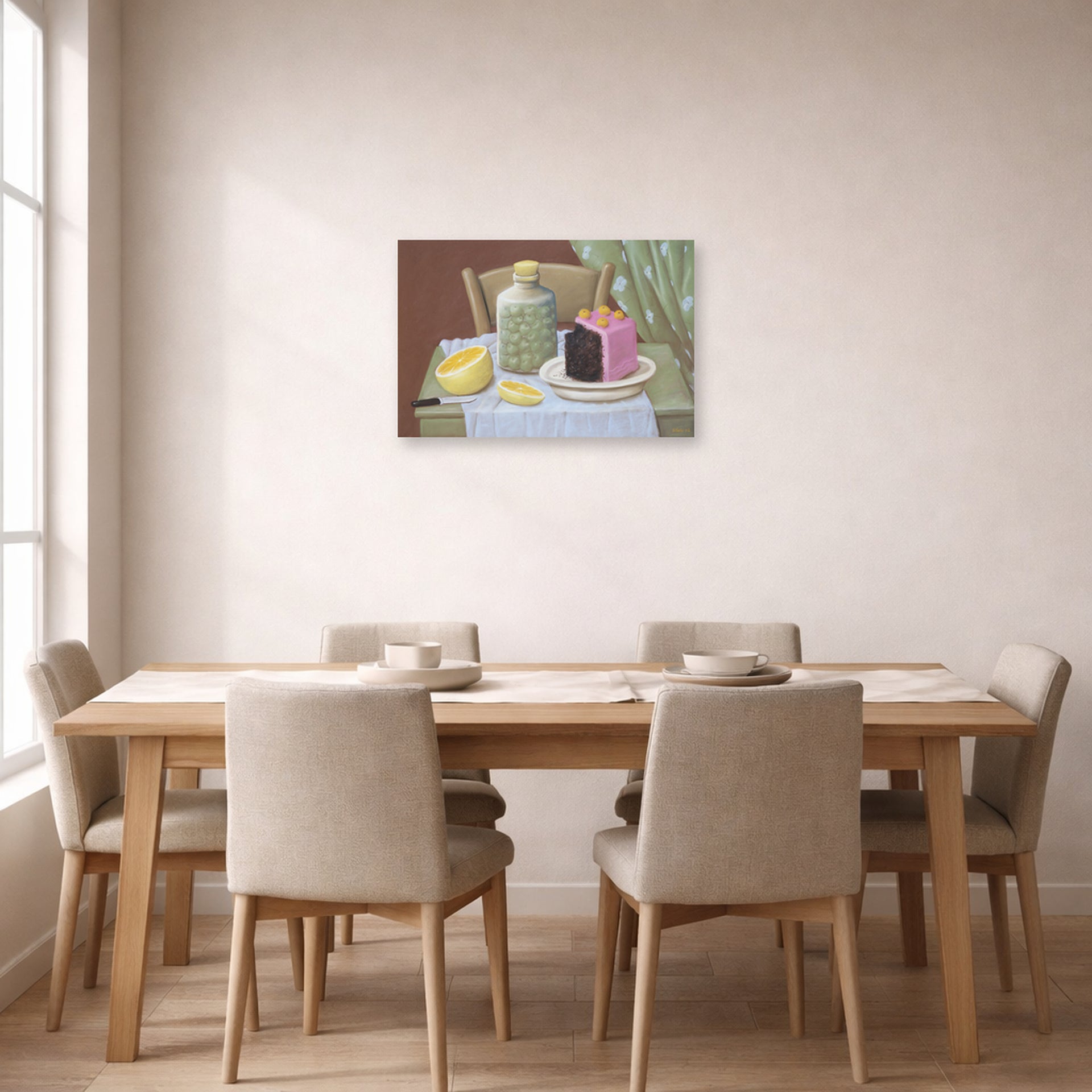 Unframed poster print of Fernando Botero's Still Life with Cake displayed on a wall in a dining room