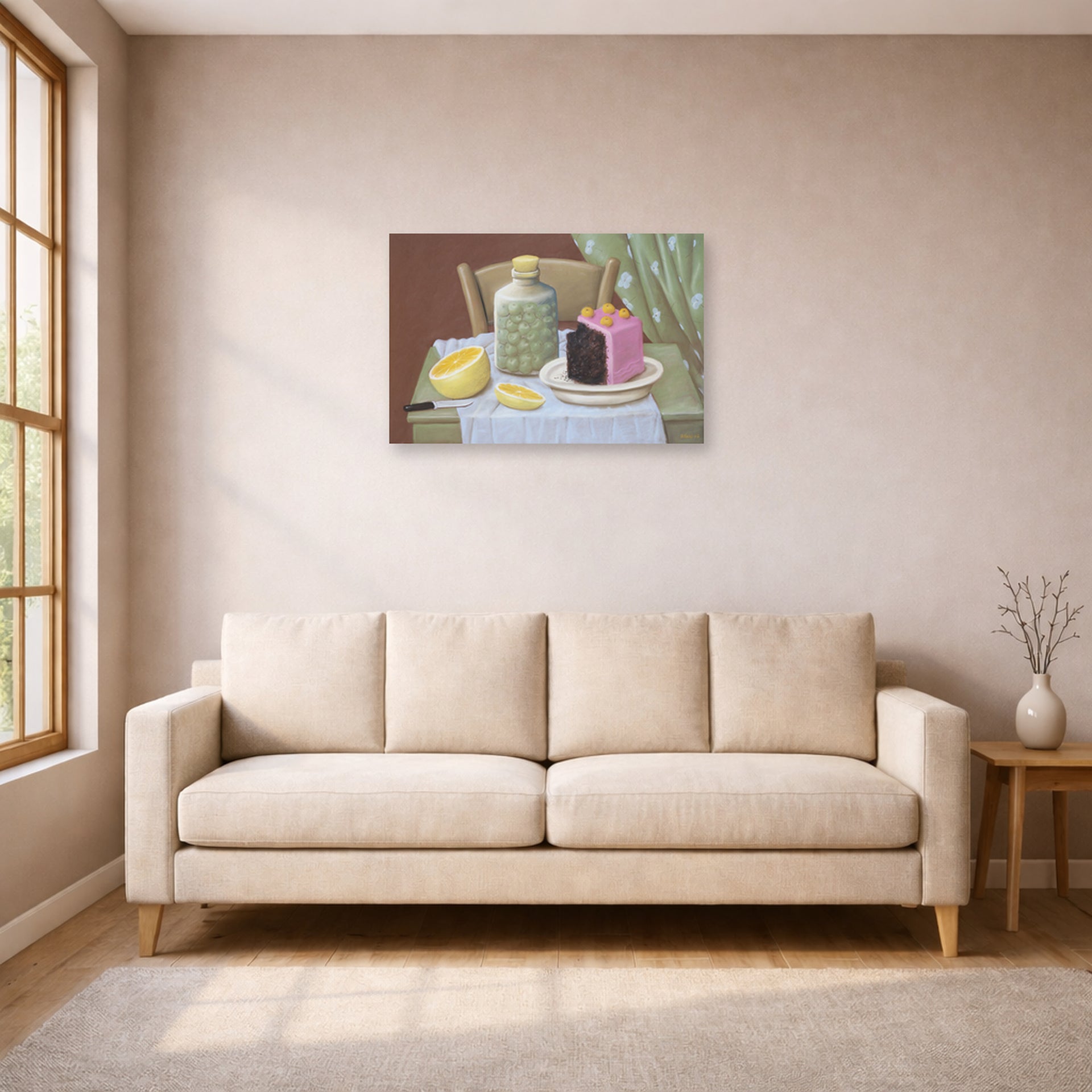 Unframed poster print of Fernando Botero's Still Life with Cake displayed on a wall in a living room