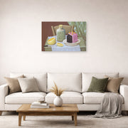 Unframed poster print of Fernando Botero's Still Life with Cake displayed on a wall in a living room