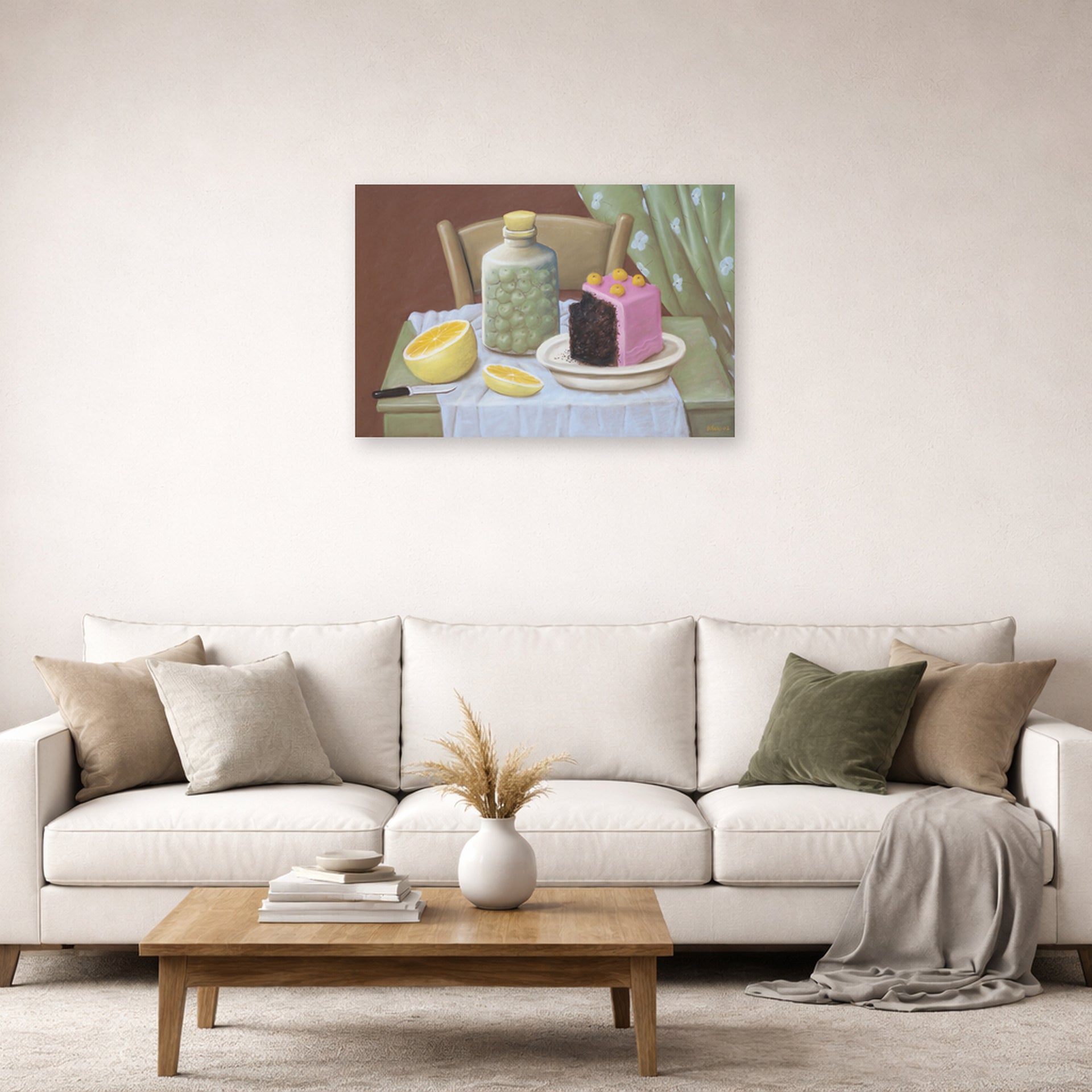 Unframed poster print of Fernando Botero's Still Life with Cake displayed on a wall in a living room