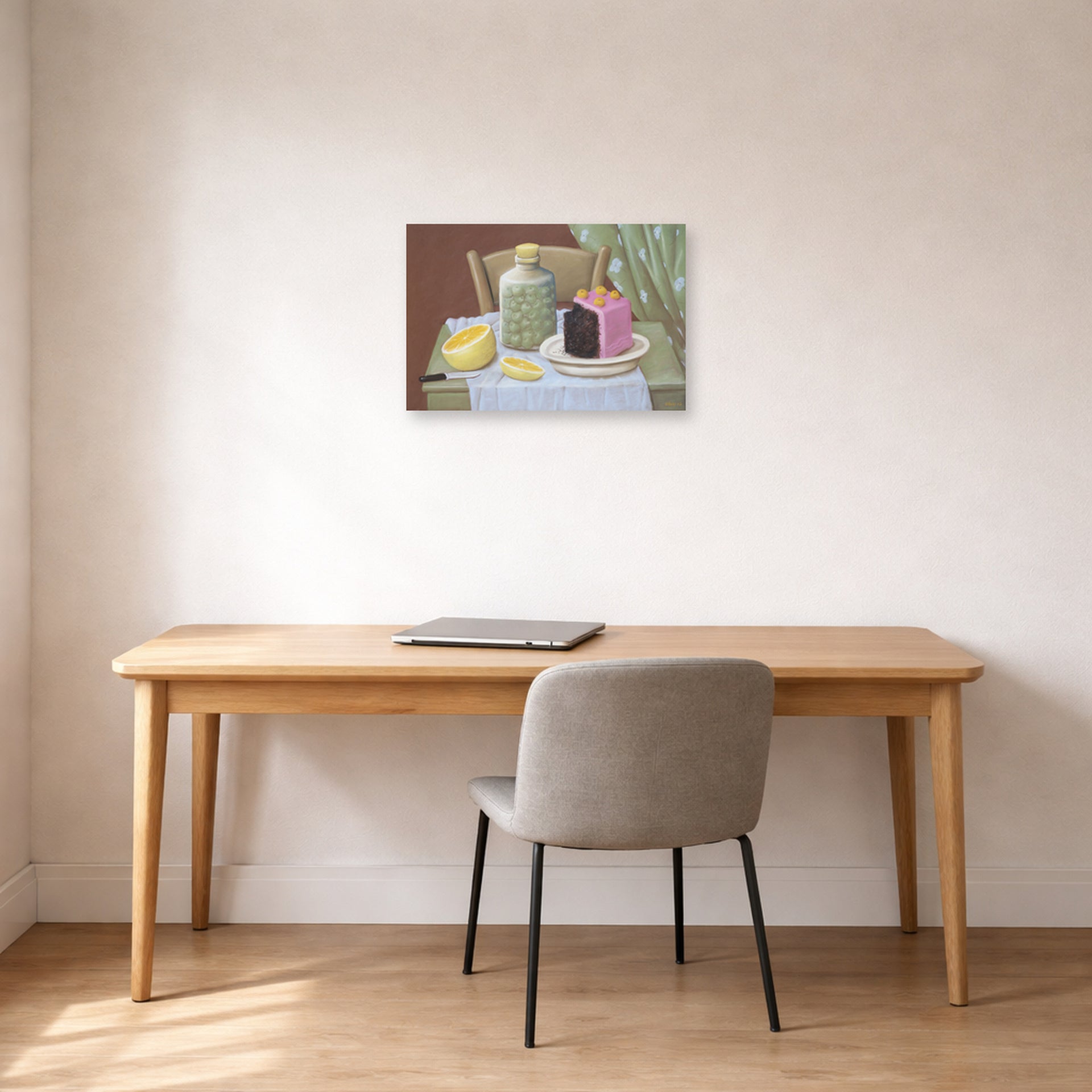 Unframed poster print of Fernando Botero's Still Life with Cake displayed on a wall in a home office