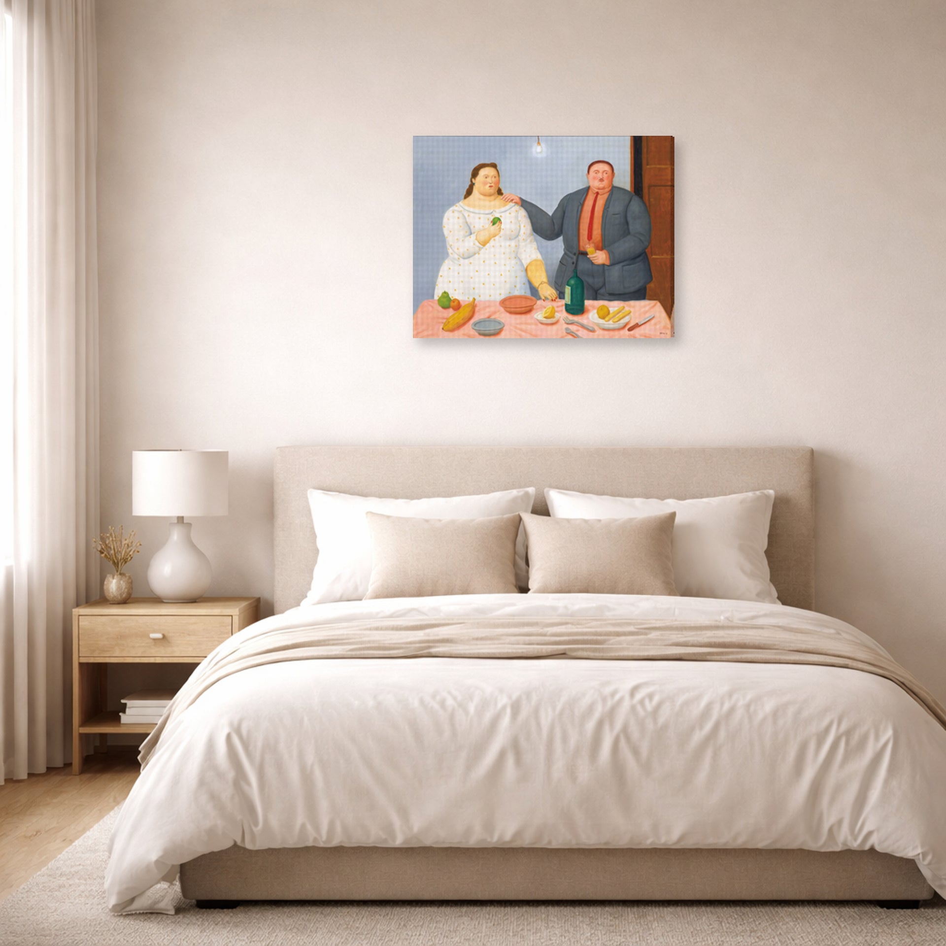 Gallery-wrapped canvas print of Fernando Botero's Still Life with Couple displayed on a wall in a bedroom