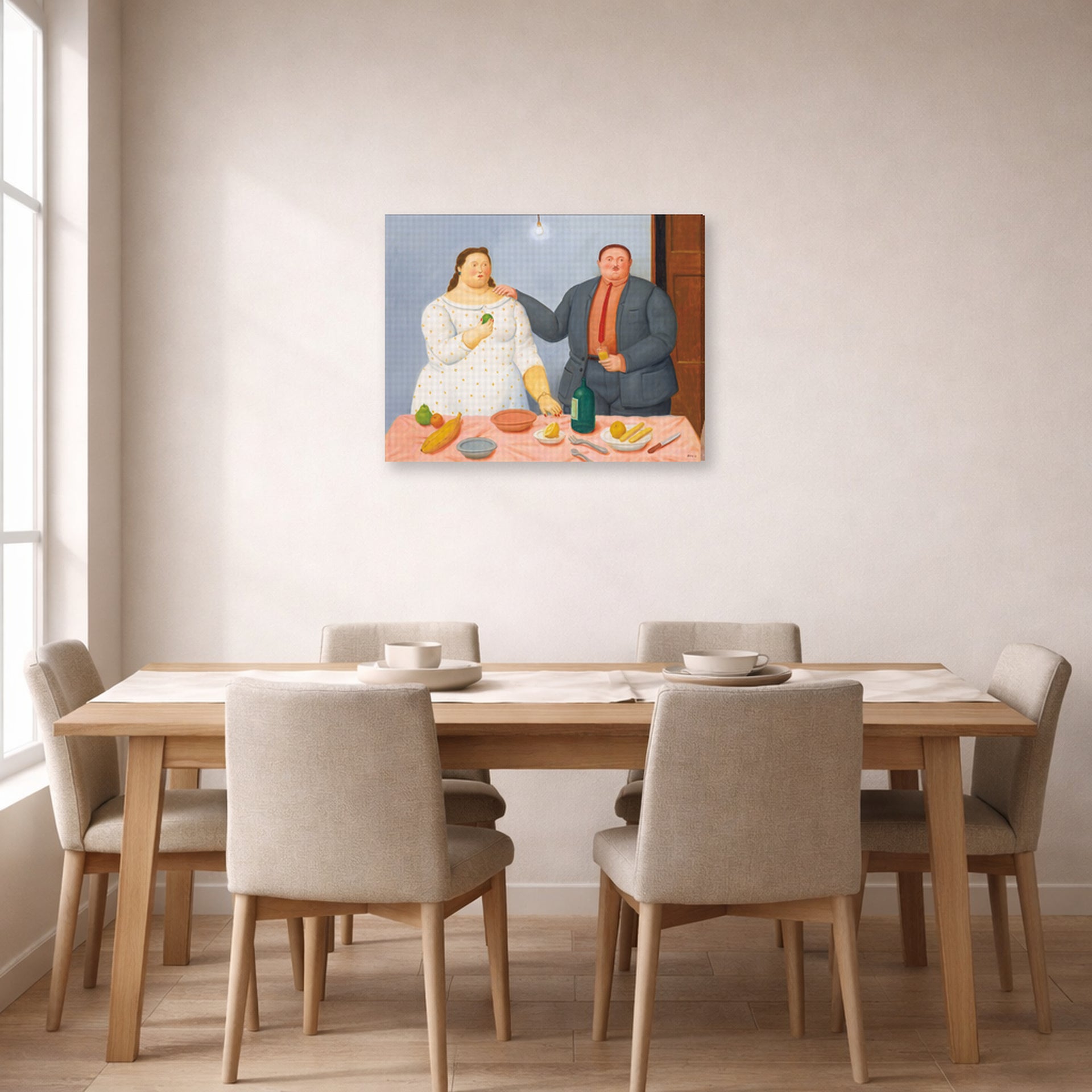 Gallery-wrapped canvas print of Fernando Botero's Still Life with Couple displayed on a wall in a dining room