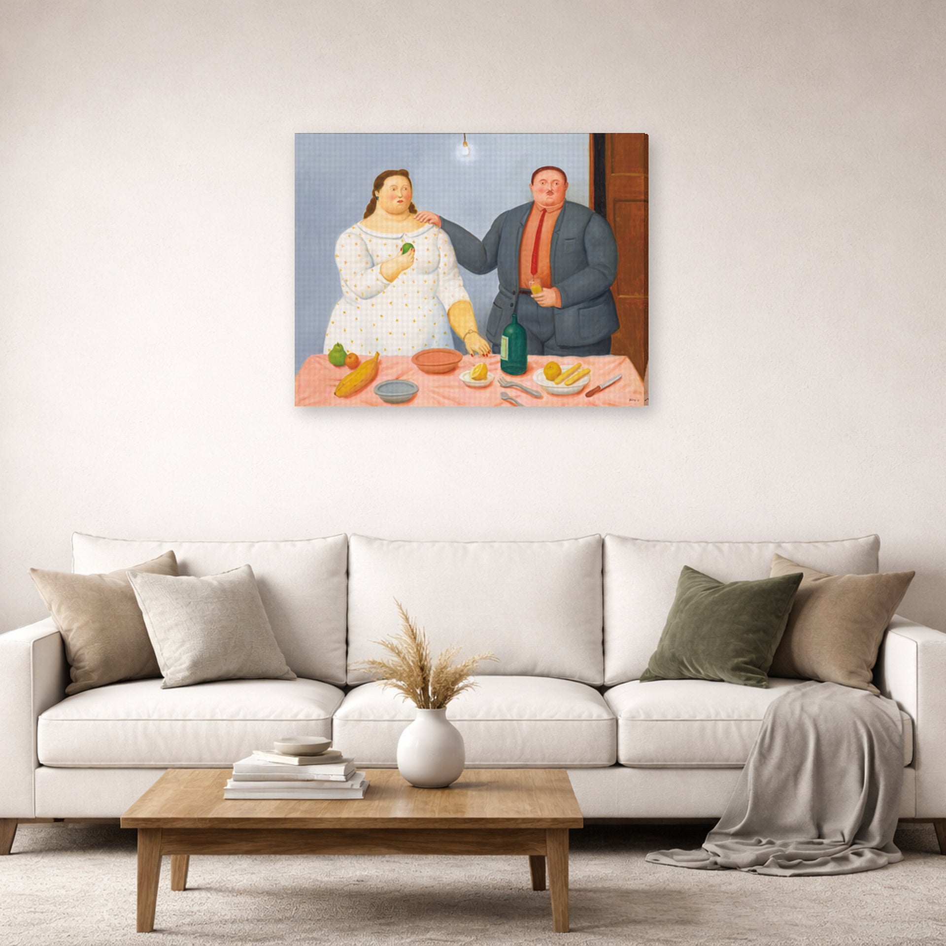 Gallery-wrapped canvas print of Fernando Botero's Still Life with Couple displayed on a wall in a living room