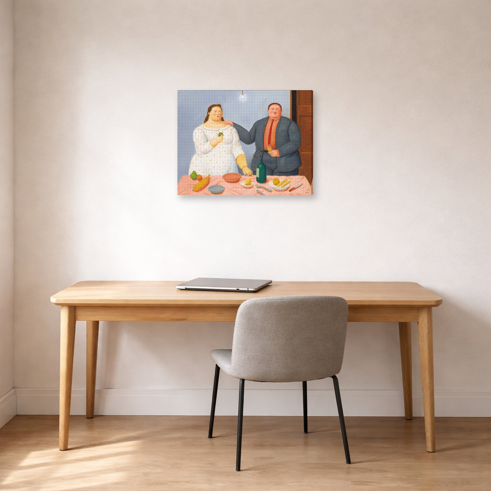 Gallery-wrapped canvas print of Fernando Botero's Still Life with Couple displayed on a wall in a home office
