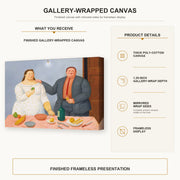 Fernando Botero - Still Life with Couple gallery wrap canvas construction and hanging details infographic