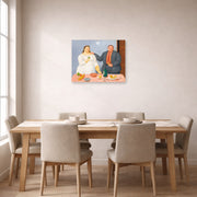 Unframed poster print of Fernando Botero's Still Life with Couple displayed on a wall in a dining room