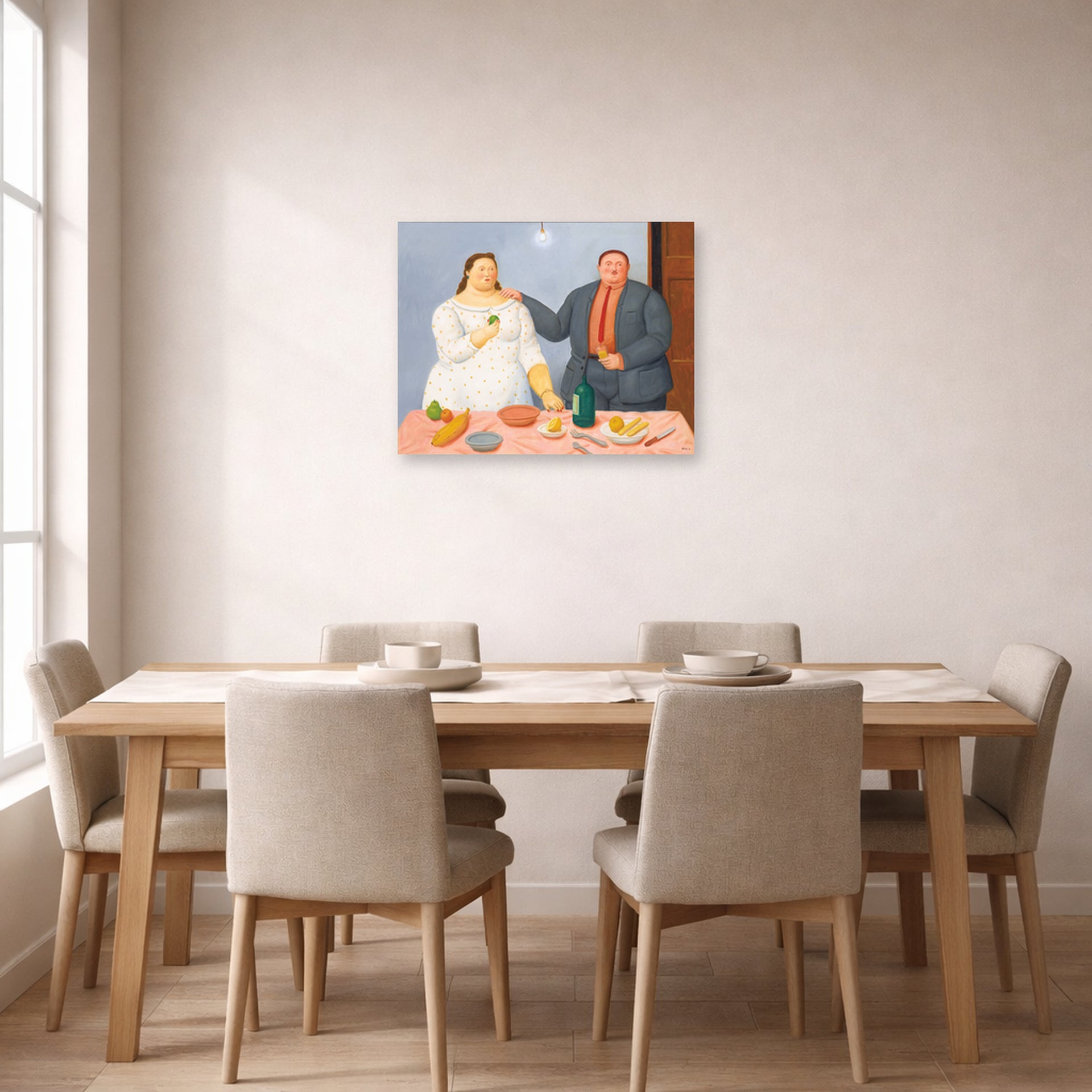 Unframed poster print of Fernando Botero's Still Life with Couple displayed on a wall in a dining room