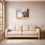 Unframed poster print of Fernando Botero's Still Life with Couple displayed on a wall in a living room