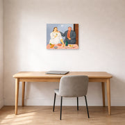 Unframed poster print of Fernando Botero's Still Life with Couple displayed on a wall in a home office