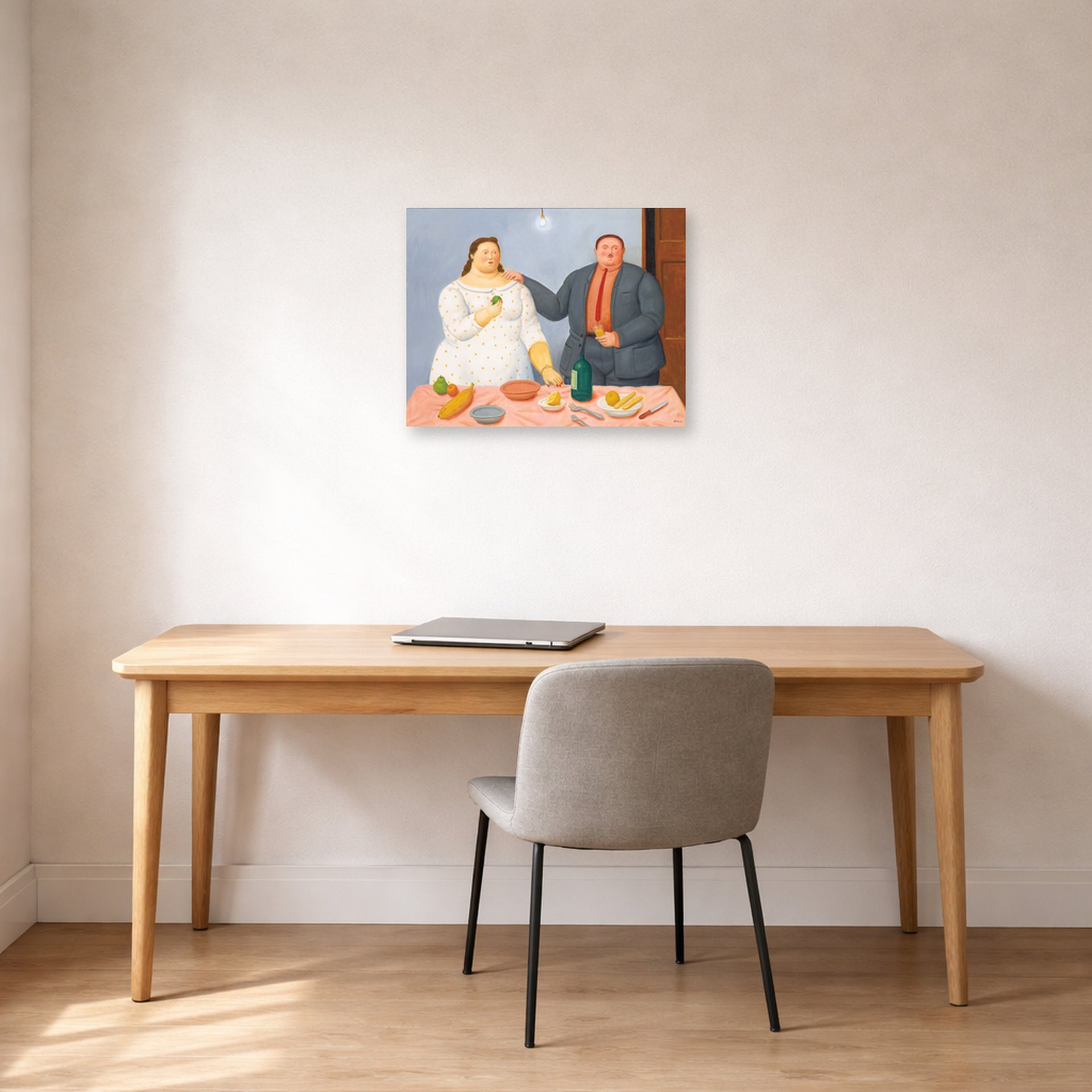 Unframed poster print of Fernando Botero's Still Life with Couple displayed on a wall in a home office
