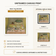 Fernando Botero - Still Life with Hot Soup canvas print size comparison and framing display infographic