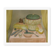 Fernando Botero's 'Still Life with Hot Soup' painting reproduced as a rolled canvas print