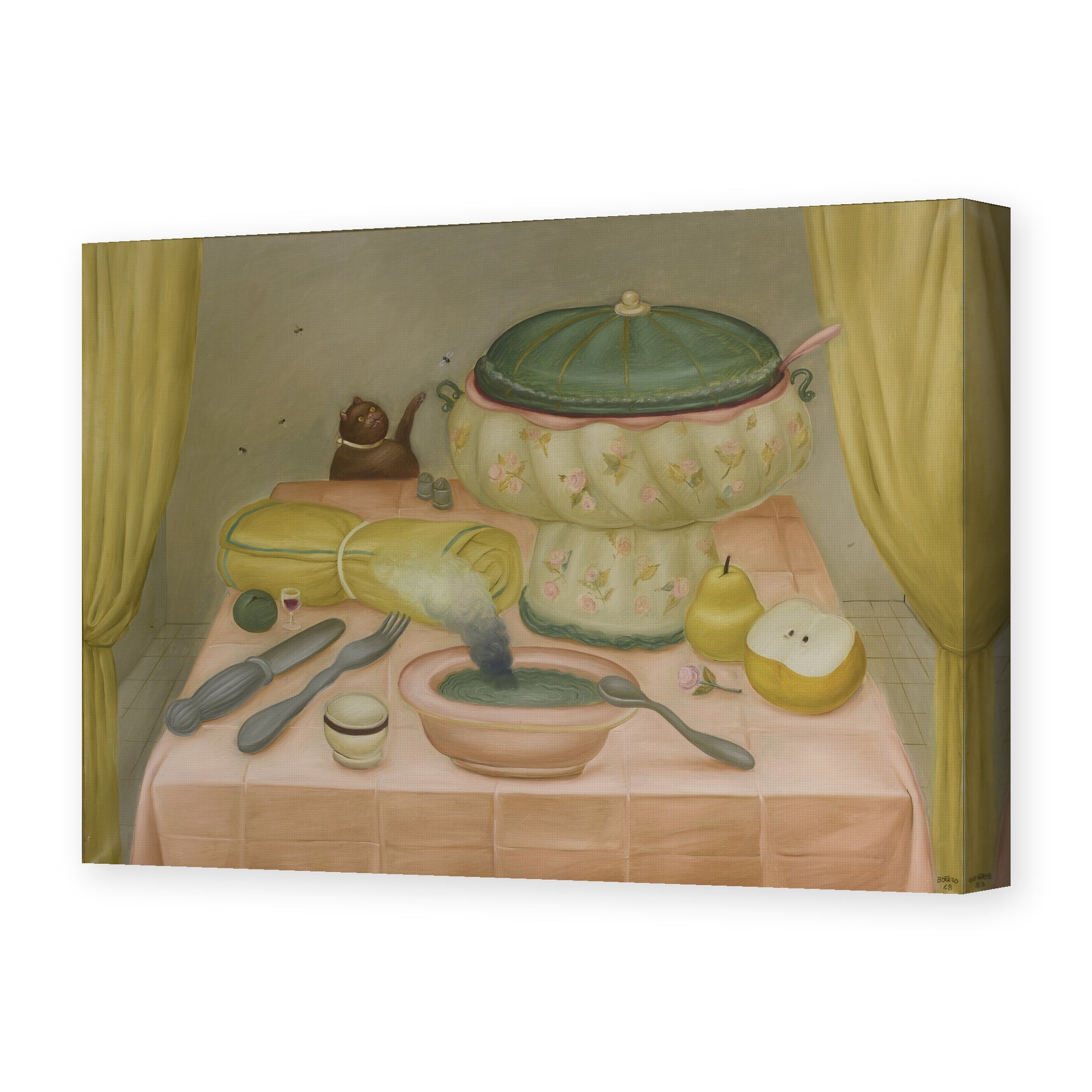 Fernando Botero's 'Still Life with Hot Soup' painting reproduced as a gallery-wrapped canvas print