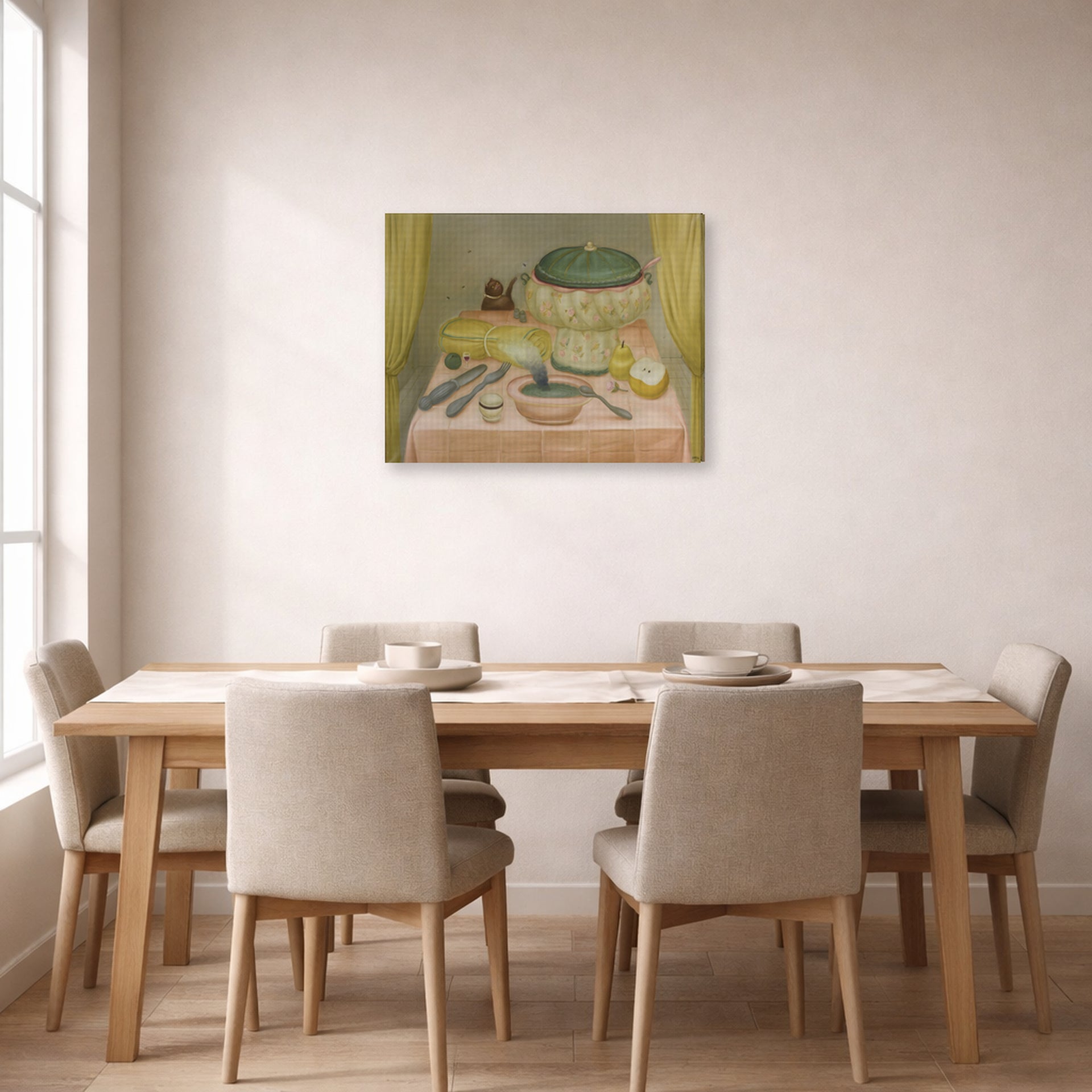 Gallery-wrapped canvas print of Fernando Botero's Still Life with Hot Soup displayed on a wall in a dining room