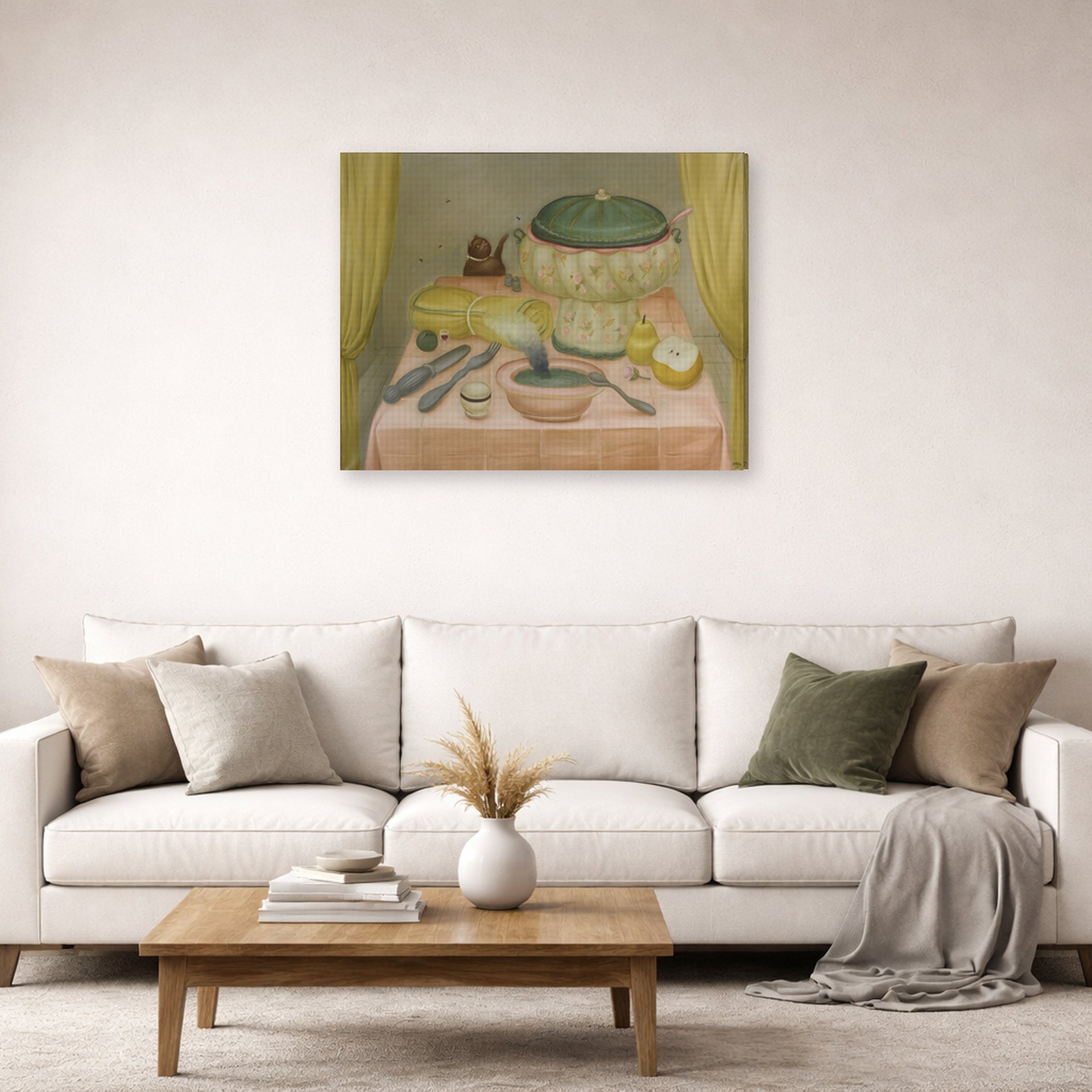 Gallery-wrapped canvas print of Fernando Botero's Still Life with Hot Soup displayed on a wall in a living room