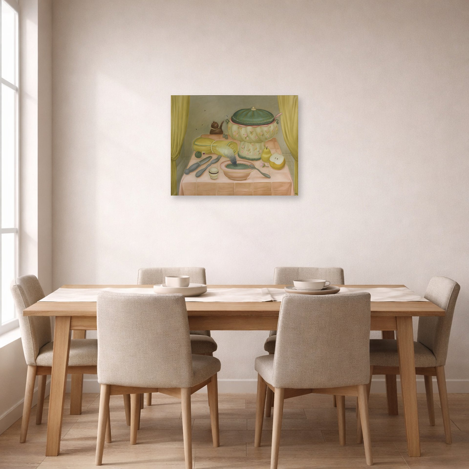 Unframed poster print of Fernando Botero's Still Life with Hot Soup displayed on a wall in a dining room