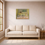Unframed poster print of Fernando Botero's Still Life with Hot Soup displayed on a wall in a living room