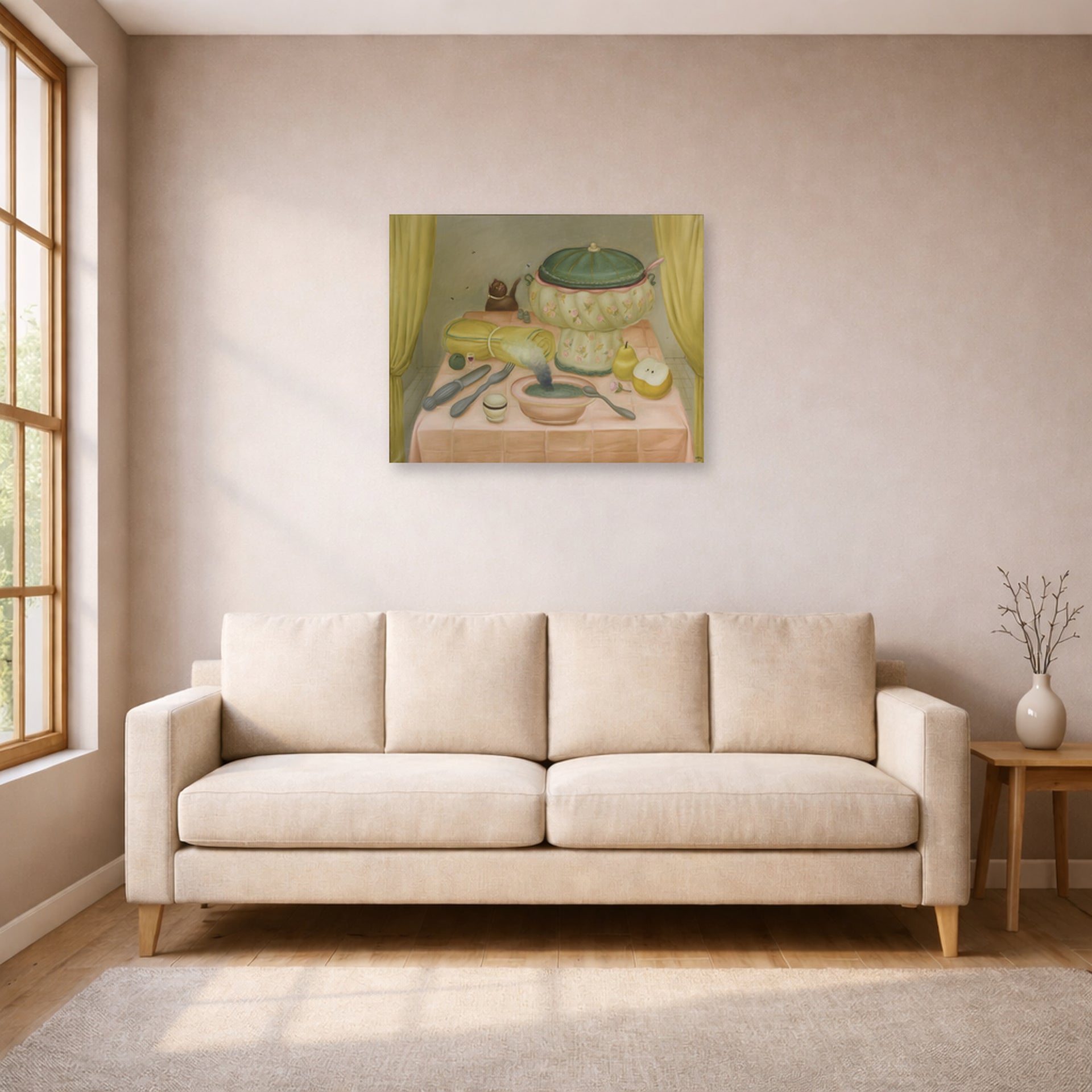 Unframed poster print of Fernando Botero's Still Life with Hot Soup displayed on a wall in a living room