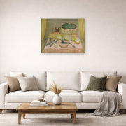 Unframed poster print of Fernando Botero's Still Life with Hot Soup displayed on a wall in a living room