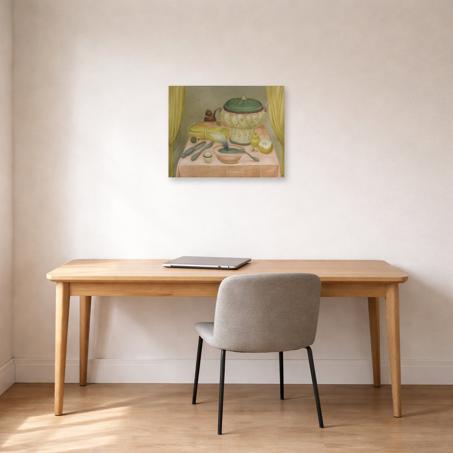 Unframed poster print of Fernando Botero's Still Life with Hot Soup displayed on a wall in a home office