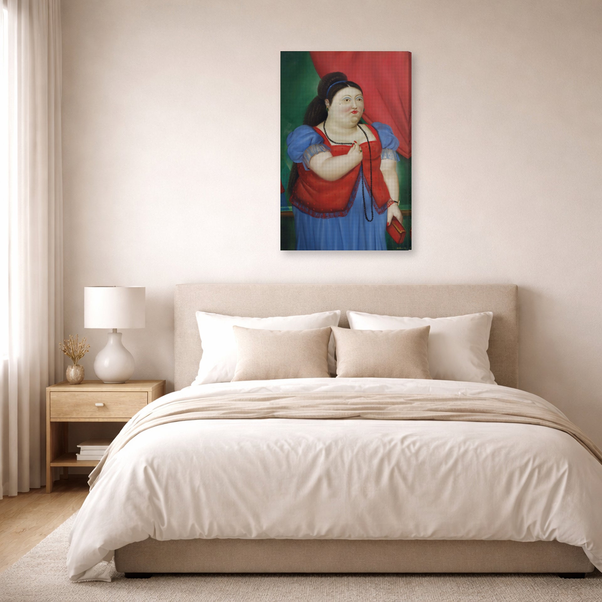 Gallery-wrapped canvas print of Fernando Botero's Teresita displayed on a wall in a bedroom