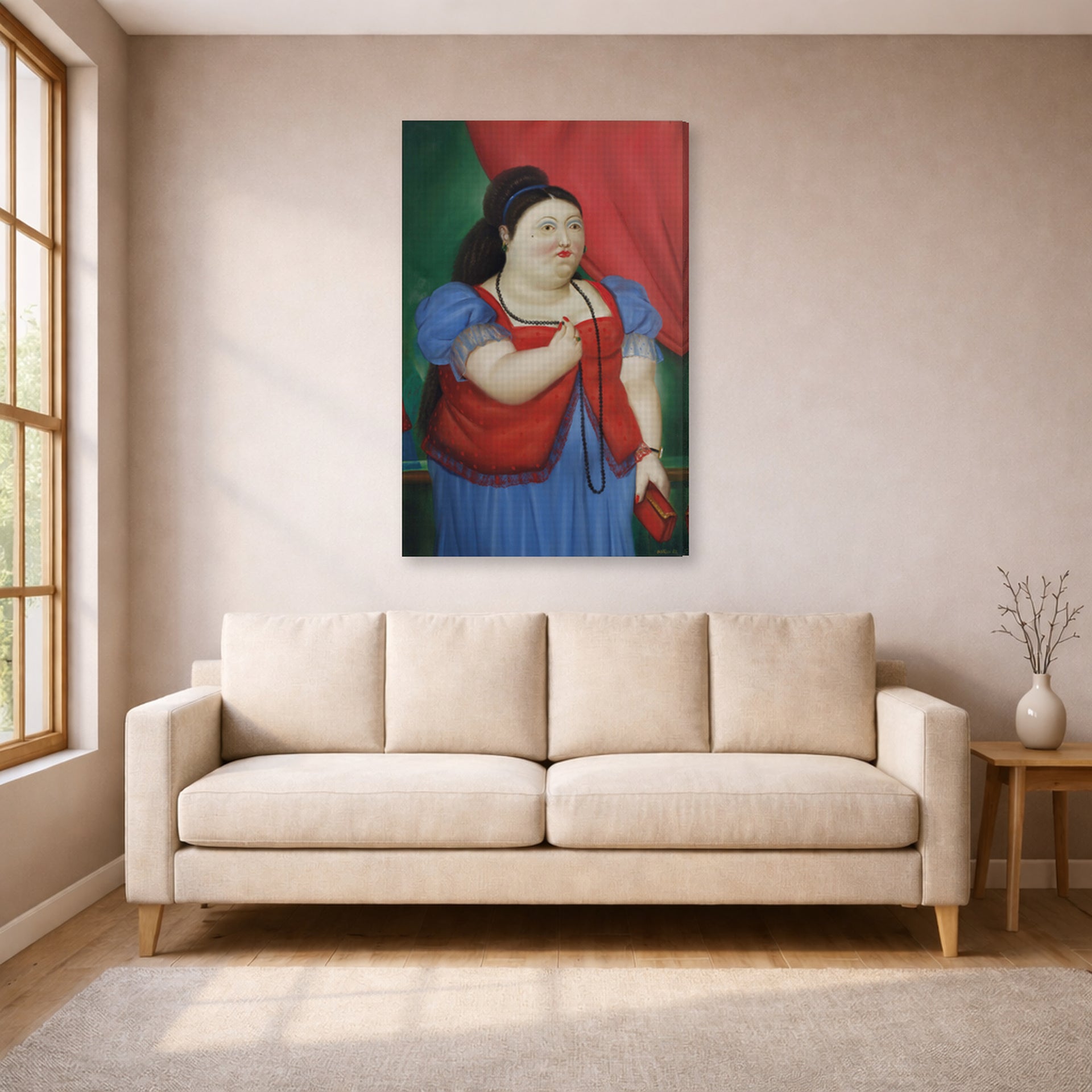 Gallery-wrapped canvas print of Fernando Botero's Teresita displayed on a wall in a living room
