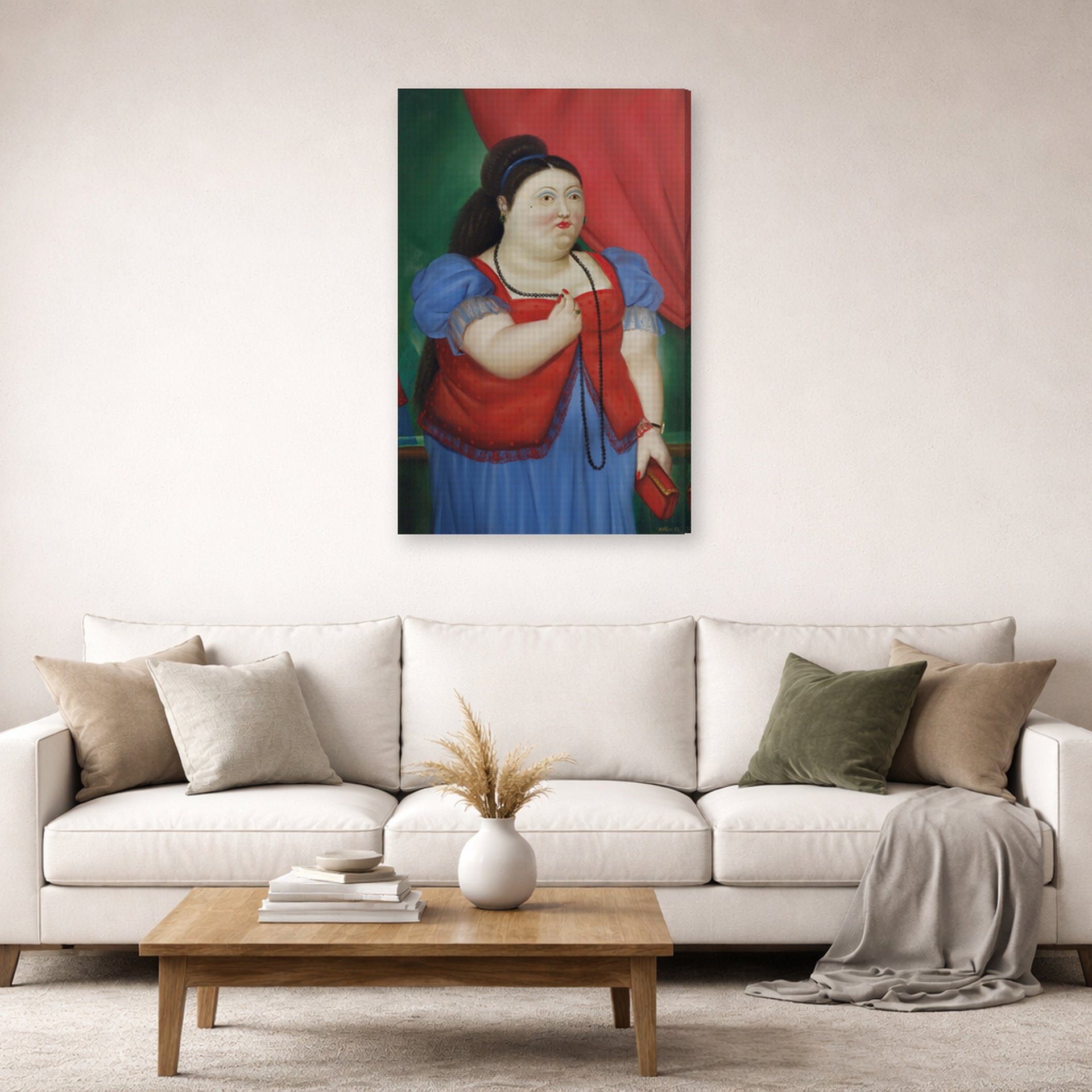 Gallery-wrapped canvas print of Fernando Botero's Teresita displayed on a wall in a living room