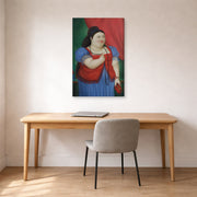Gallery-wrapped canvas print of Fernando Botero's Teresita displayed on a wall in a home office