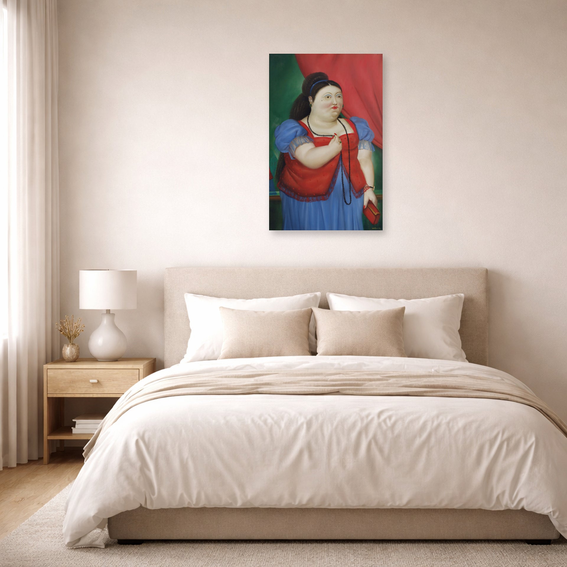 Unframed poster print of Fernando Botero's Teresita displayed on a wall in a bedroom
