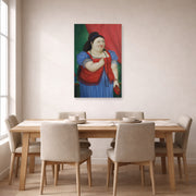 Unframed poster print of Fernando Botero's Teresita displayed on a wall in a dining room