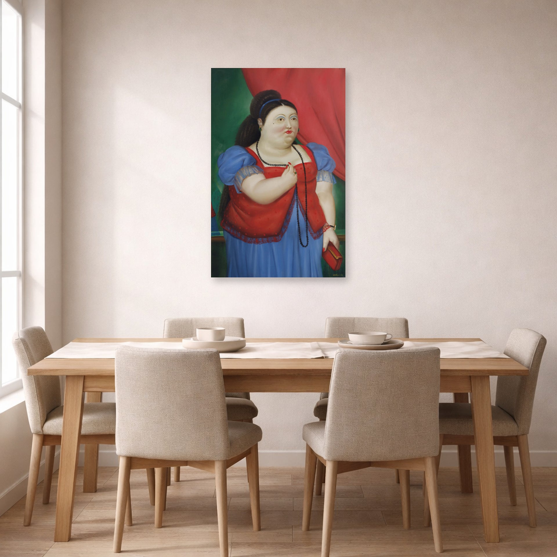 Unframed poster print of Fernando Botero's Teresita displayed on a wall in a dining room